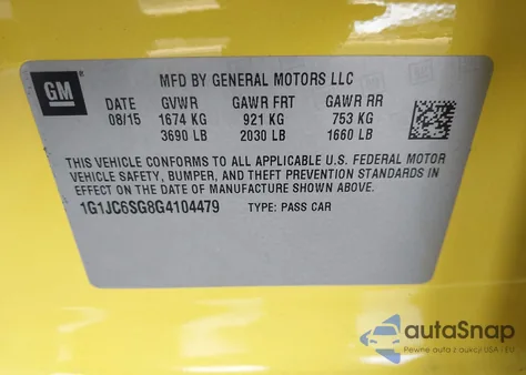 2016 Chevrolet Sonic Lt Auto from USA, damaged, VIN 1G1JC6SG8G4104479